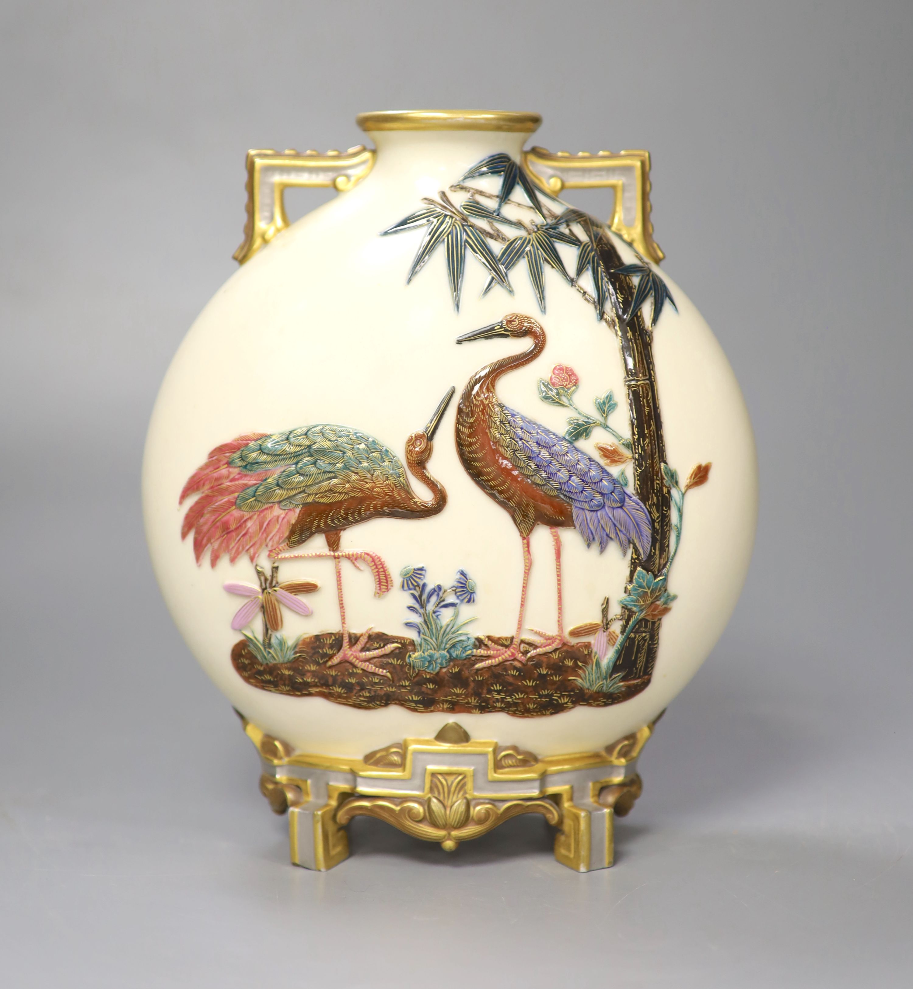 A Royal Worcester moonflask moulded and painted in Japanese style, date mark 74, 22cm high